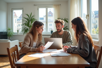 Trois jeunes adultes discutent autour d'une table à la maison
