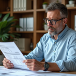Homme d'affaires examinant des documents immobiliers