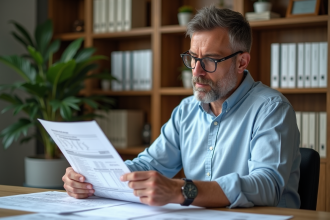 Homme d'affaires examinant des documents immobiliers