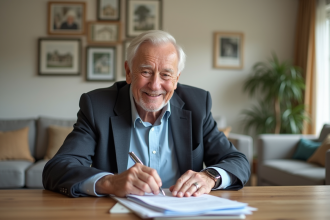 Homme âgé souriant en train de revoir des documents de vente