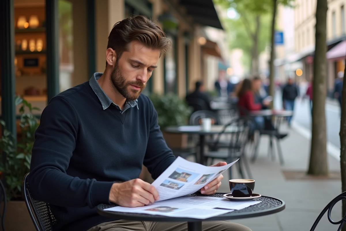 Homme consultant des annonces immobilières en terrasse de café dans le quartier Saint-Esprit à Bayonne