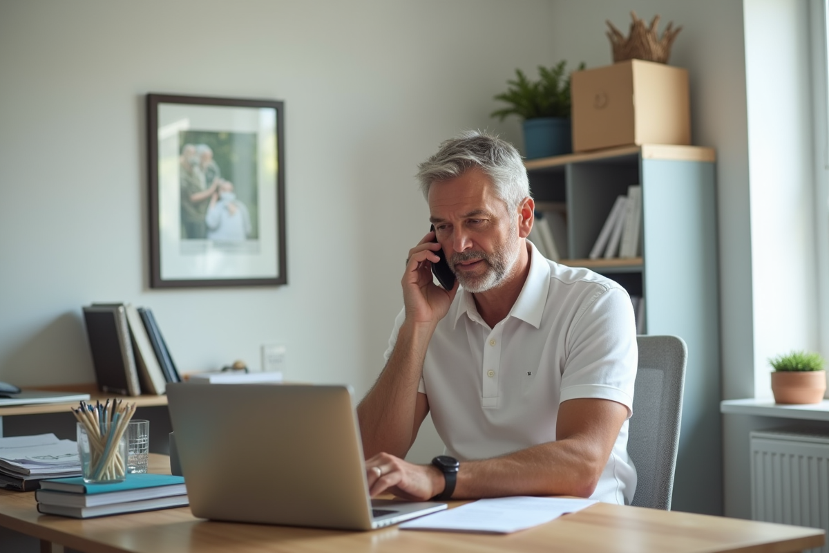 Homme d âge moyen parlant au téléphone dans un bureau organisé