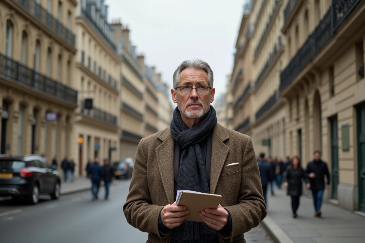 Homme avec carnet devant immeubles parisiens en rue urbaine