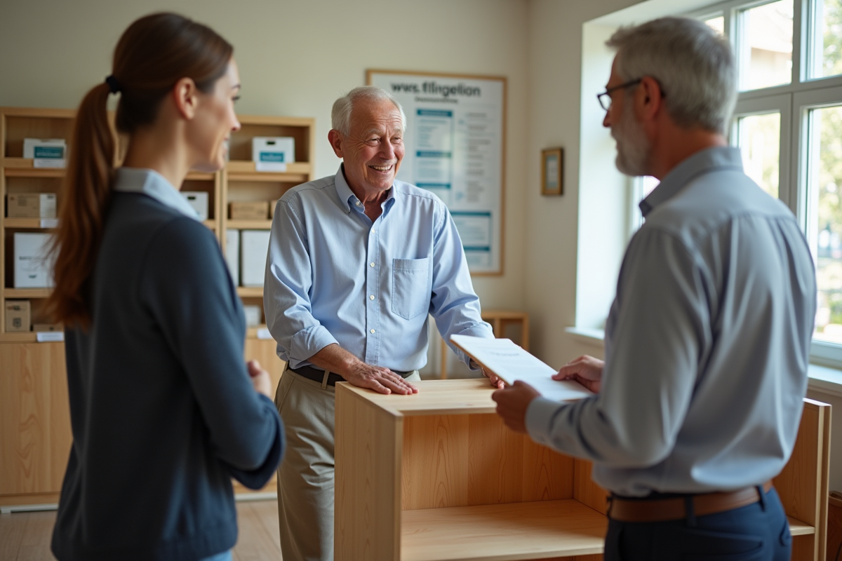 Homme âgé assemble un meuble dans un centre communautaire