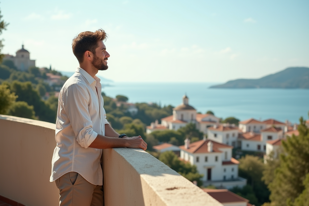 Jeune homme regardant la mer depuis un balcon en bord de mer