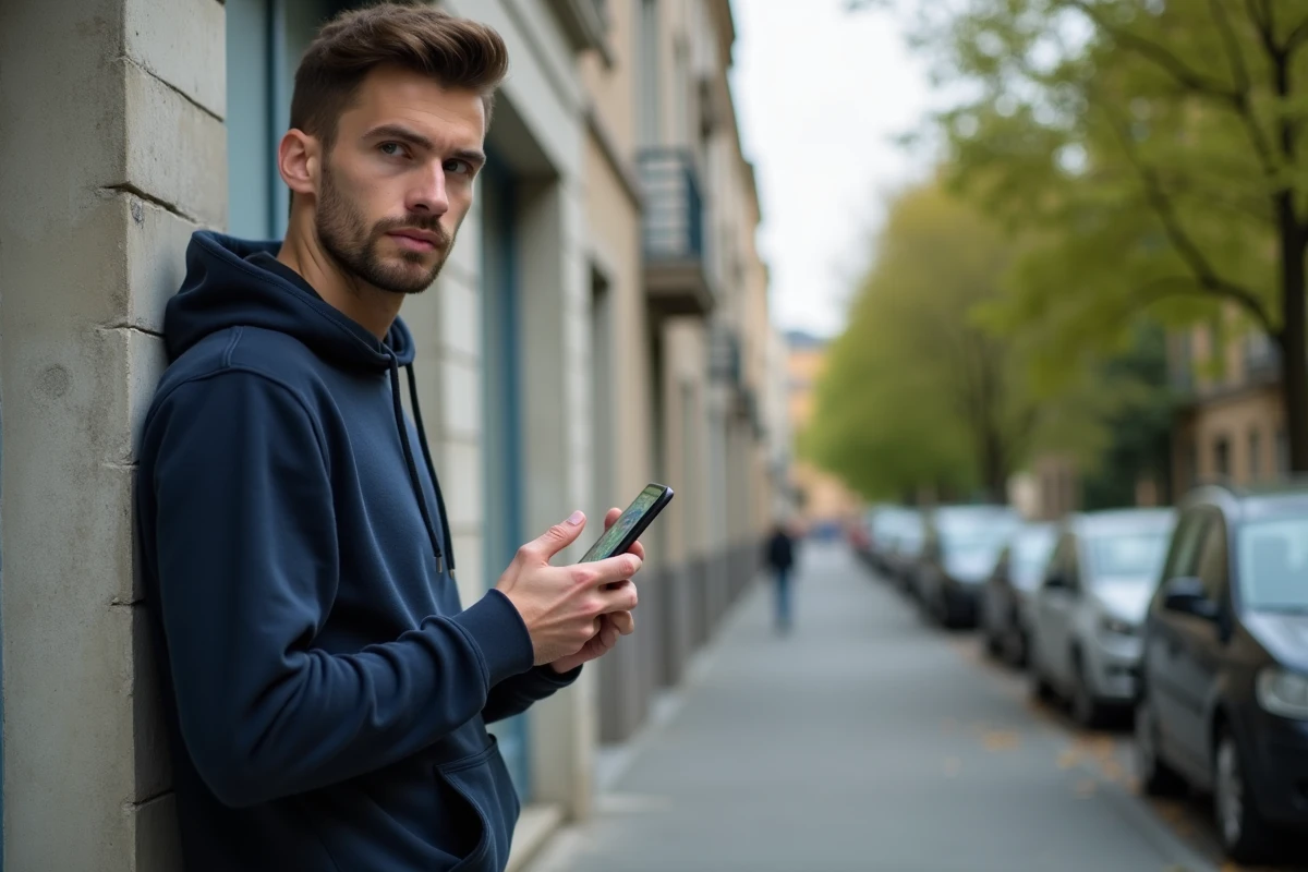 Homme consultant une carte des zones tendues sur smartphone devant un immeuble résidentiel français
