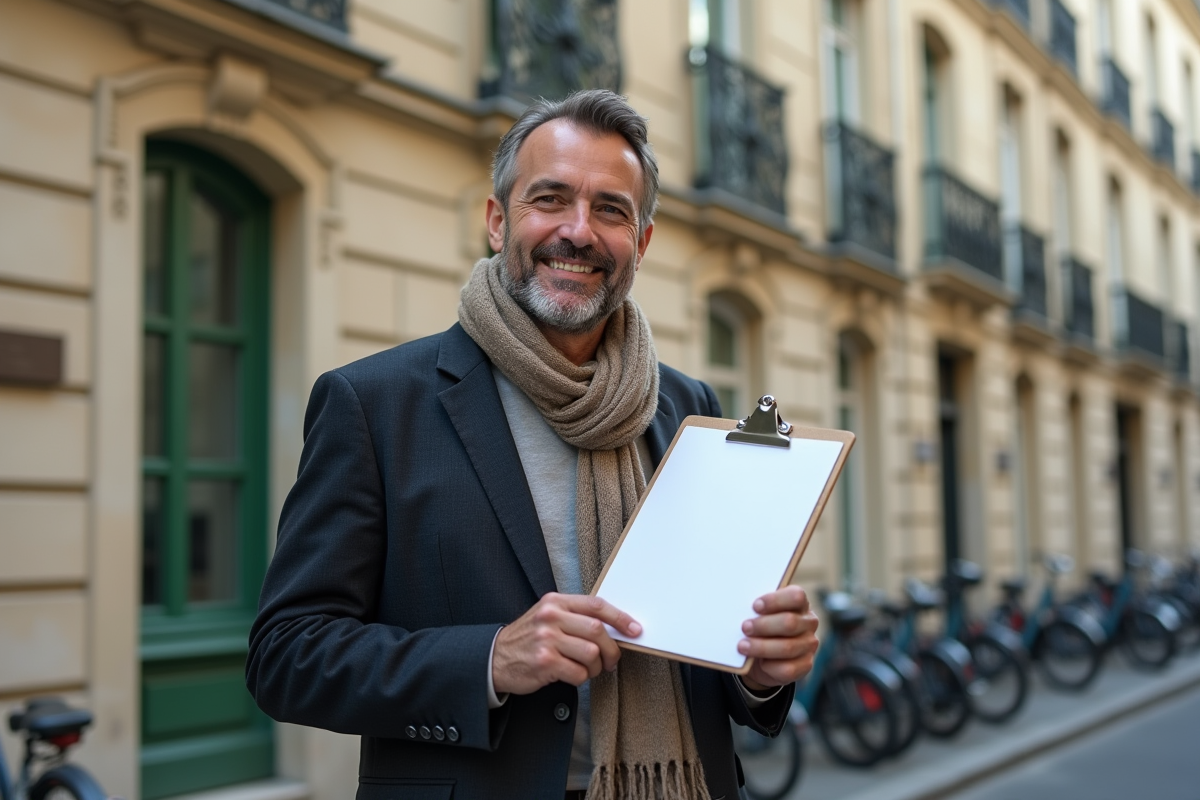 Homme souriant tenant un contrat de location à Paris