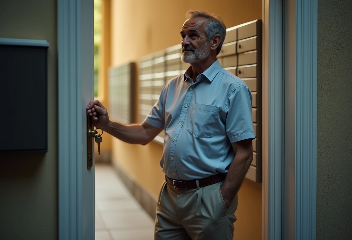 Homme fermant la porte de son appartement