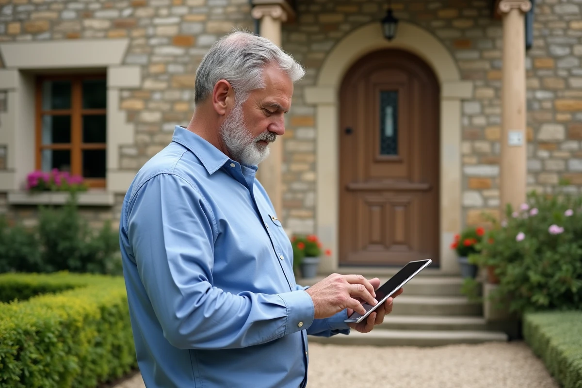 Homme gérant une location rurale avec une tablette devant la maison