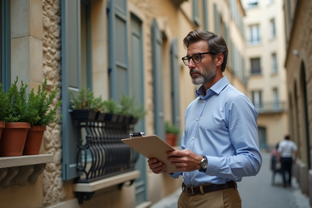 Homme vérifiant des papiers devant un immeuble français