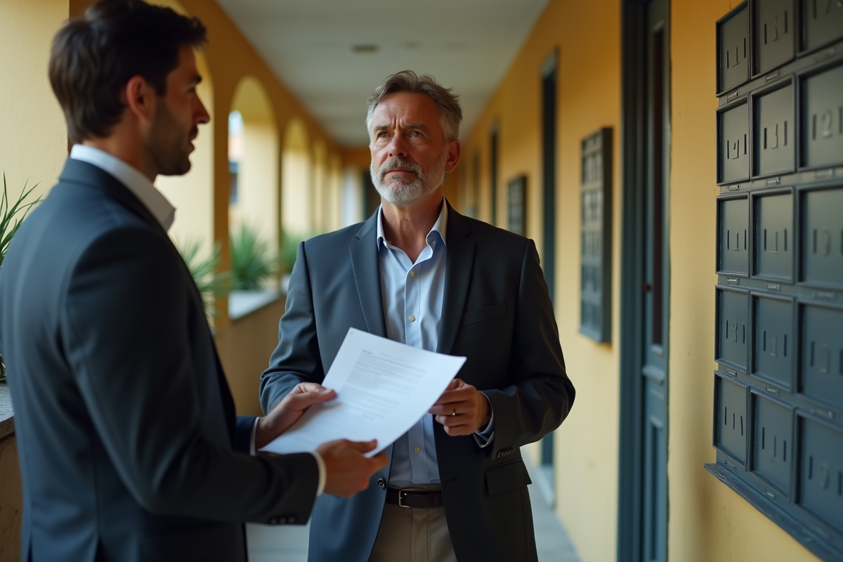 Homme d age remettant une lettre au locataire dans le hall