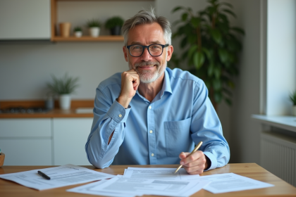 Homme d'âge moyen souriant avec documents impots