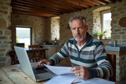 Homme d age en jeans et pull rayé dans cuisine bretonne