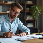 Homme concentré remplissant ses formulaires fiscaux français à la maison