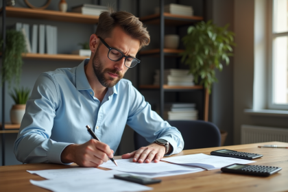 Homme concentré remplissant ses formulaires fiscaux français à la maison