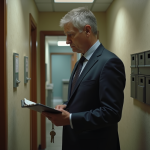 Homme d'âge moyen devant une porte d'appartement avec clé et porte-feuille