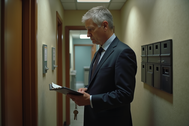 Homme d'âge moyen devant une porte d'appartement avec clé et porte-feuille