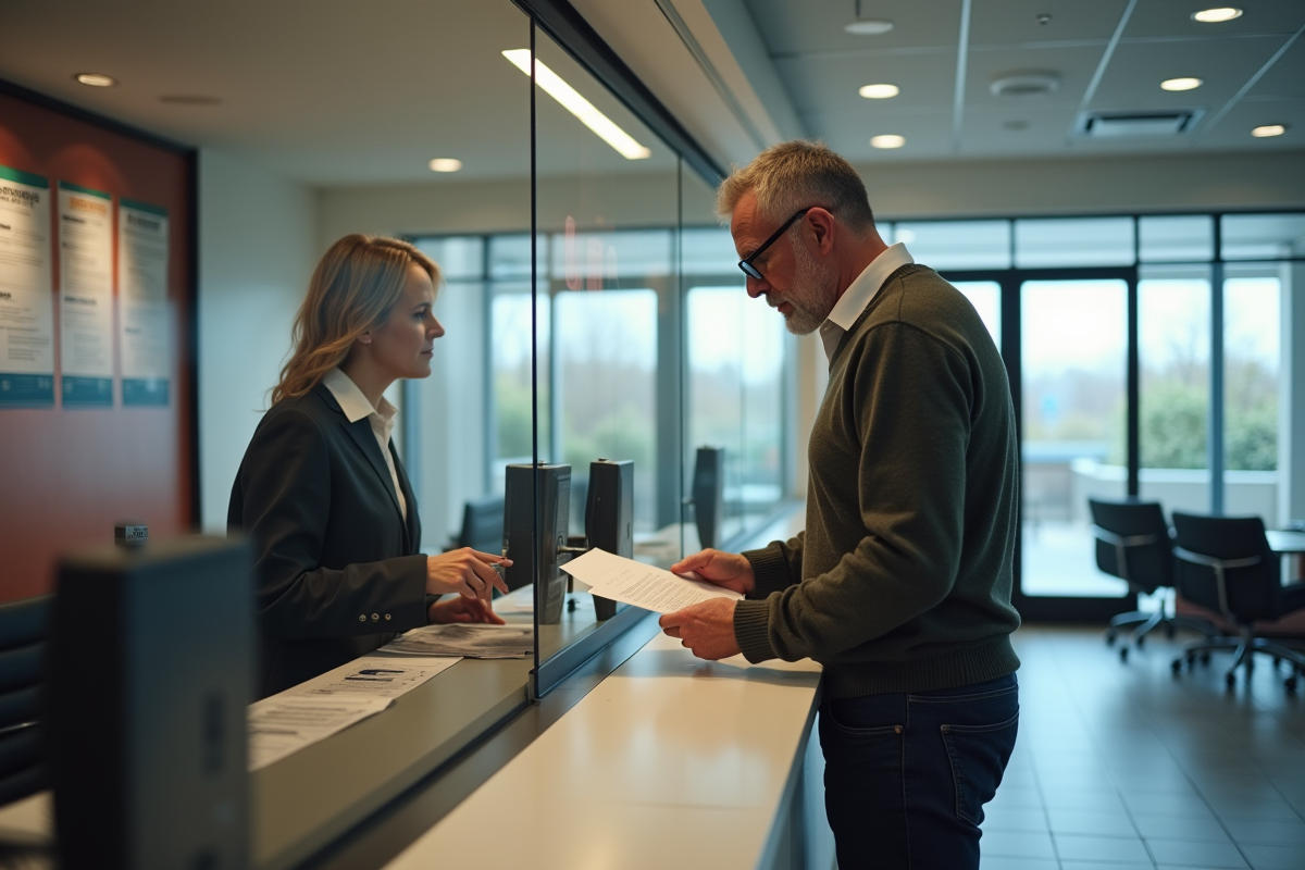 Homme remettant un document à un agent dans un bureau administratif