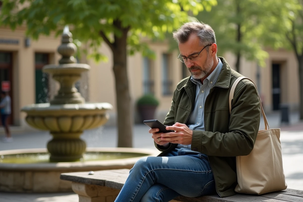 Homme consultant des annonces de location longue durée sur smartphone dans une place de village de l'Aude