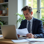 Homme d'âge moyen travaillant sur ses impôts à Paris
