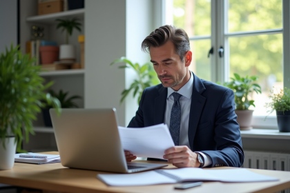 Homme d'âge moyen travaillant sur ses impôts à Paris