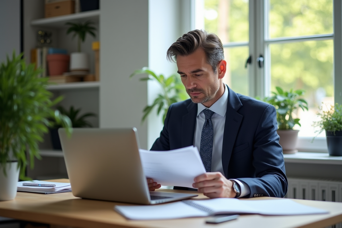 Homme d'âge moyen travaillant sur ses impôts à Paris