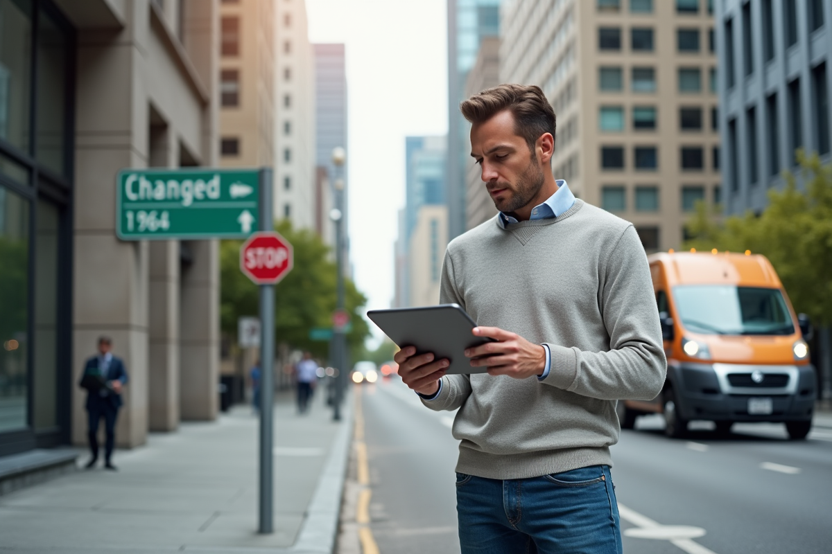 Homme dans la ville vérifiant une liste numérique