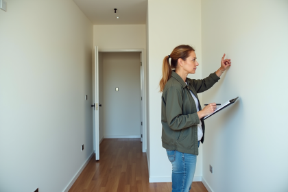 Femme inspectant un mur dans un appartement moderne