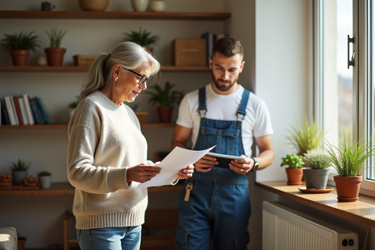 Femme âgée examinant un document avec un artisan dans un salon lumineux