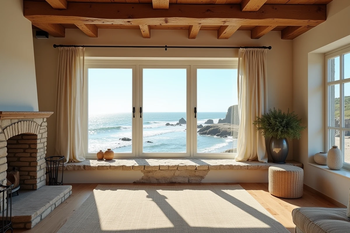 Salon intérieur d'une maison normande à vendre avec vue panoramique sur la mer par les grandes fenêtres