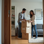 Jeune couple déballant des affaires dans un appartement moderne