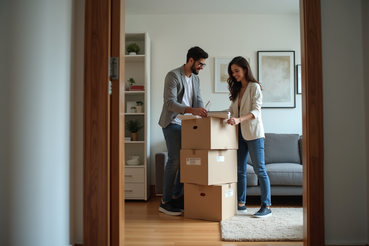 Jeune couple déballant des affaires dans un appartement moderne