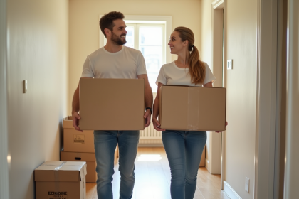 Jeune couple souriant avec cartons dans un couloir d'appartement