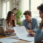 Jeune couple examinant documents de location dans un salon lumineux