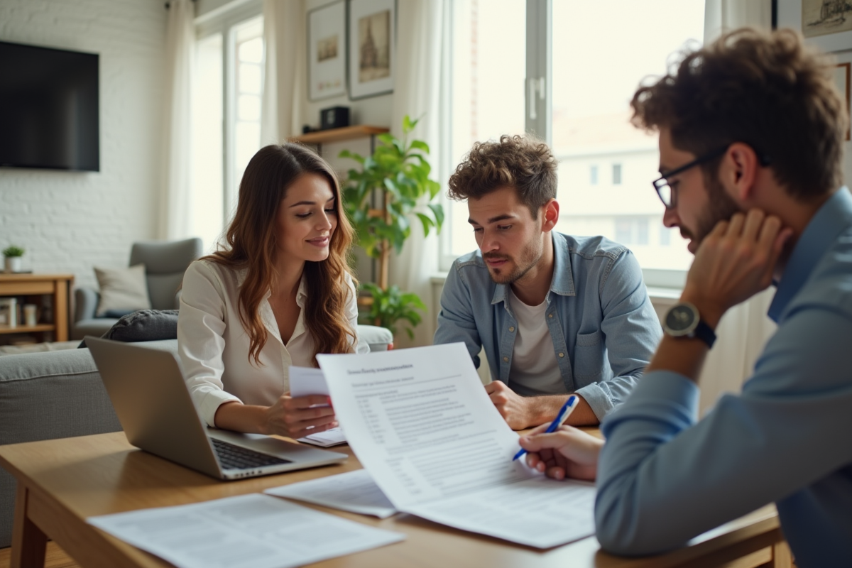 Jeune couple examinant documents de location dans un salon lumineux