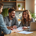Jeune couple discutant de prêt immobilier avec conseiller