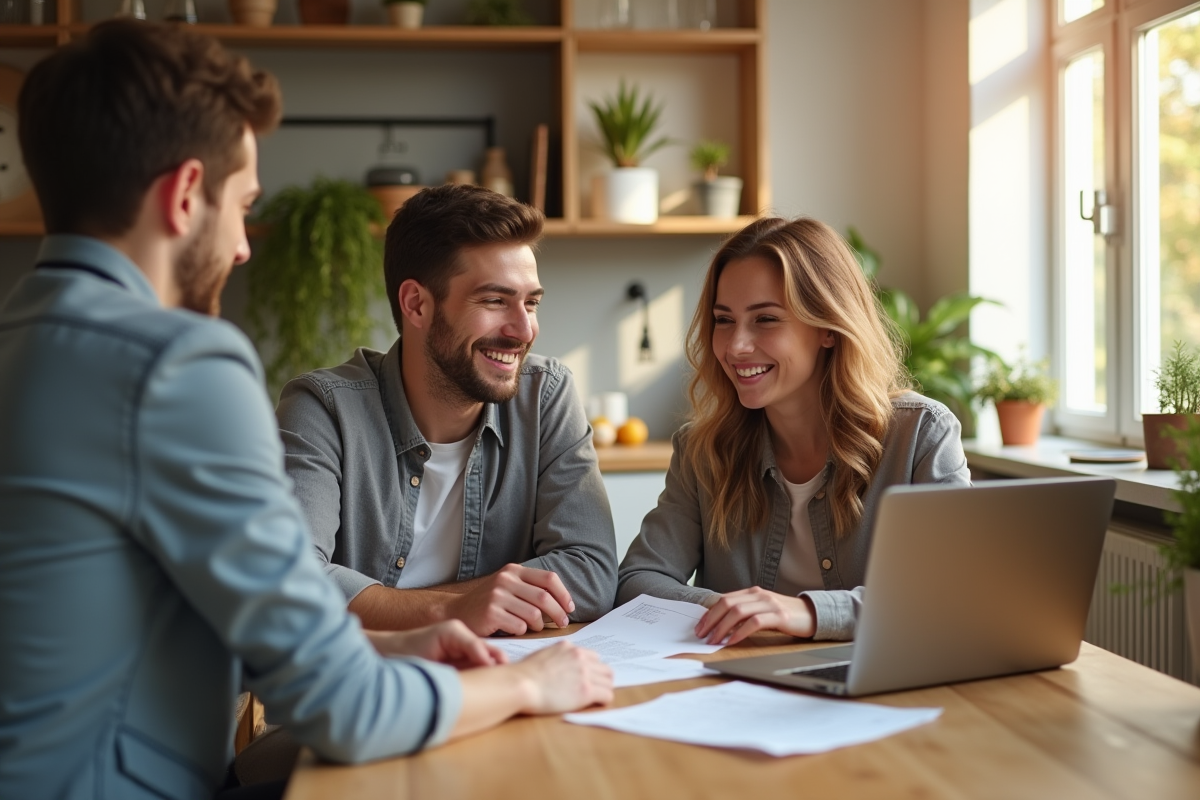 Jeune couple discutant de prêt immobilier avec conseiller