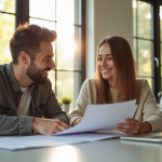Jeune couple souriant analysant documents d'assurance habitation