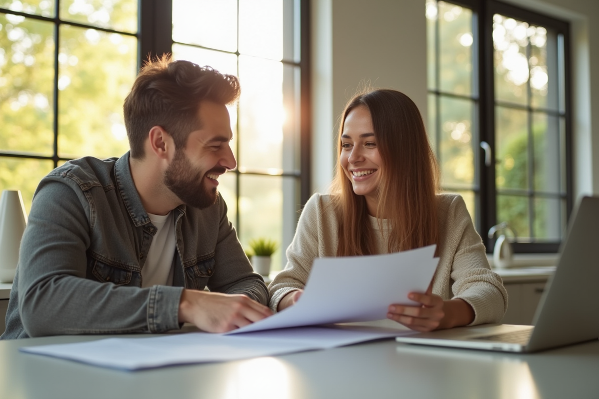 Jeune couple souriant analysant documents d'assurance habitation