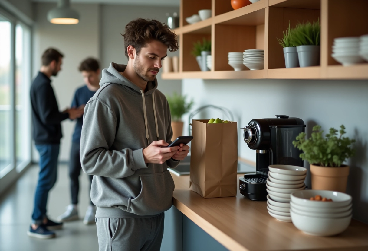 Jeune étudiant dans une cuisine partagée en train de scanner une application
