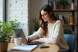 Jeune étudiante assise à son bureau dans un appartement urbain
