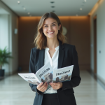 Jeune femme souriante avec brochures immobilières dans un hall moderne