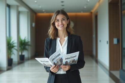 Jeune femme souriante avec brochures immobilières dans un hall moderne