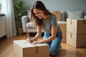 Jeune femme en train d'étiqueter une boîte de déménagement dans un appartement