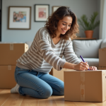 Jeune femme emballant des cartons de déménagement dans un salon