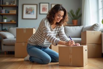 Jeune femme emballant des cartons de déménagement dans un salon
