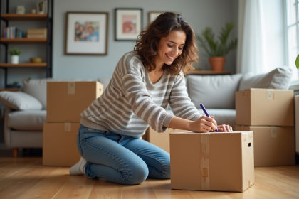 Jeune femme emballant des cartons de déménagement dans un salon