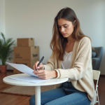 Jeune femme en cuisine lisant un formulaire d'aide financière