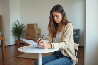 Jeune femme en cuisine lisant un formulaire d'aide financière