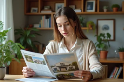 Jeune femme lisant un magazine immobilier dans un appartement chaleureux